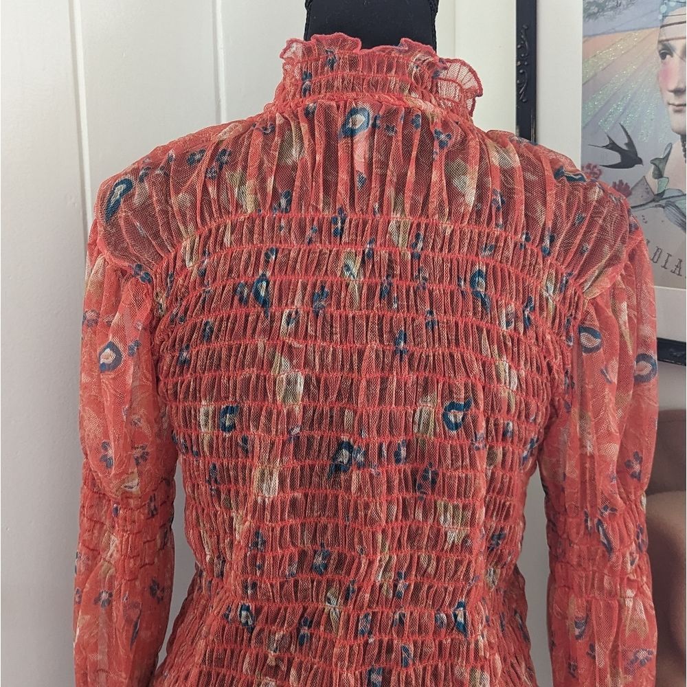 Free People Floral Shirred Mesh Bell Sleeve Fairycore Hippie Rock Top XL - Picture 10 of 14